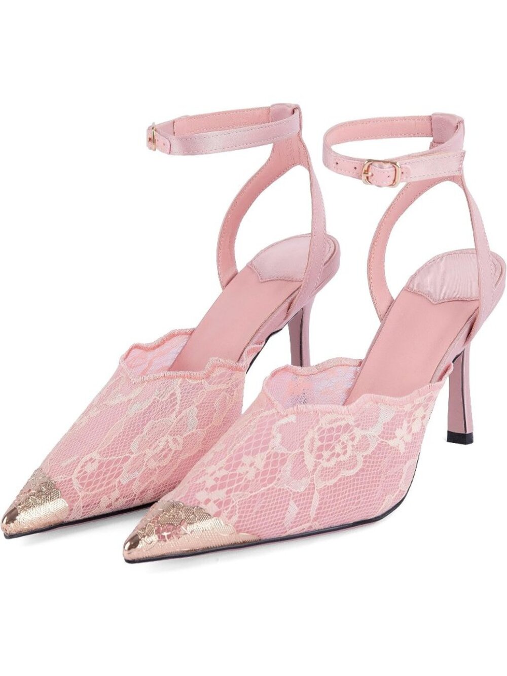 Women's Pink Satin Metal Pointed Toe Mesh Ankle Strap Stiletto High Heels